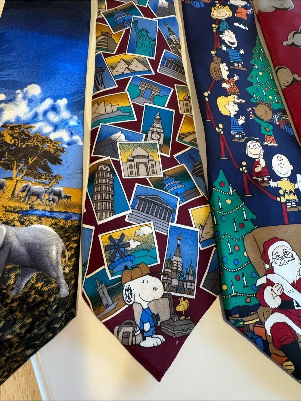 Vintage Novelty Necktie Lot of 5 Peanuts Christmas Golf Elephant Travel Ties